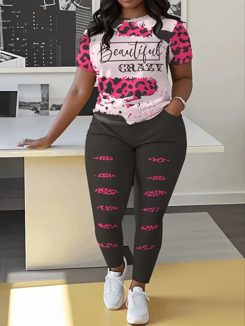 

Женская повседневная модная футболка с леопардовым принтом и круглым вырезом, комплект из двух предметов, модная женская одежда больших размеров