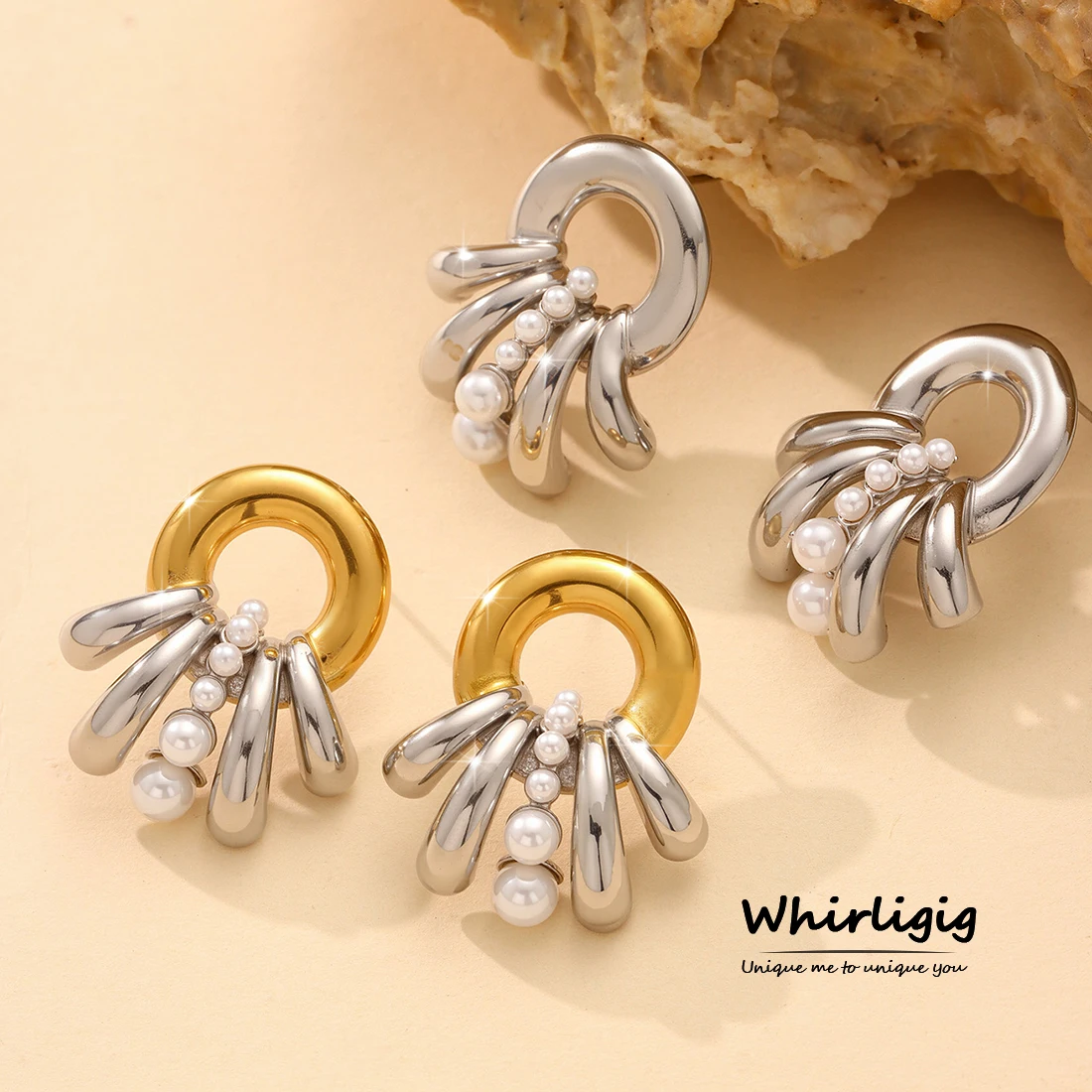 

Beautiful two-tone Stainless Steel Earrings For Women Waterproof Gold Plated Luxury Ear Stud Banquet Daily Jewelry