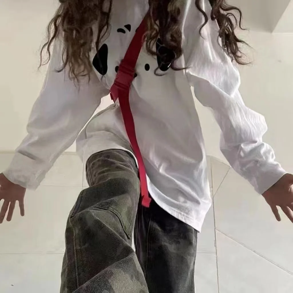 เสื้อยืดแขนยาวผู้หญิงคาวาอิสไตล์ญี่ปุ่นเสื้อผ้าฝ้ายรัฟเฟิลเฮ็มสลิมฟิตผ่อนคลายพอดีเย็บปะติดปะต่อลูกไม้ฤดูใบไม้ร่วงทุกวัน