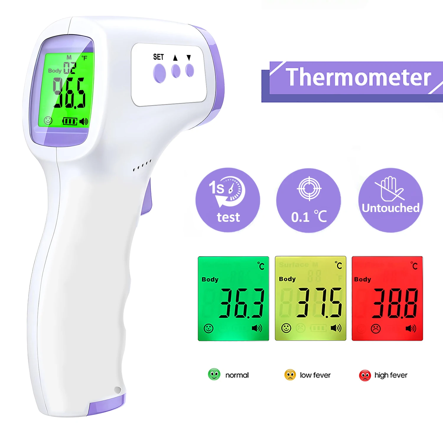 Non-Contact Forehead Thermometer 3-color Backlit Digital Display Thermometer Fever Measure Infrared Alarm Human Body Thermometer