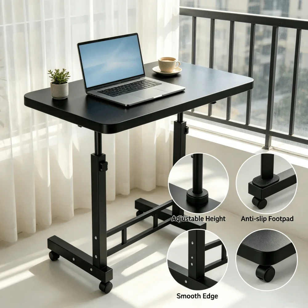 Height Adjustable Mobile Computer Desk with Wheels, Multifunctional Sit-Stand Rolling Desk for Bedside Sofa Study, Black & White for Home Office