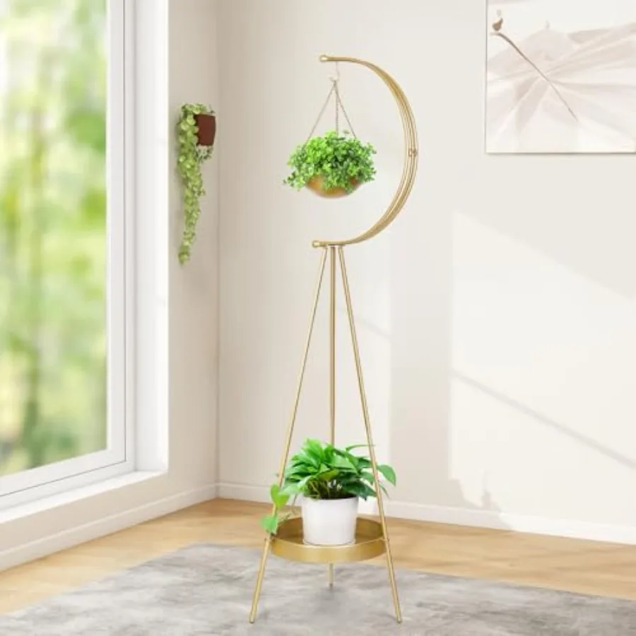 

Metal Plant Stand for Indoor Outdoor Use, Iron Material, Golden Color, Multifunctional Modern Planter Display Shelf with Hangin