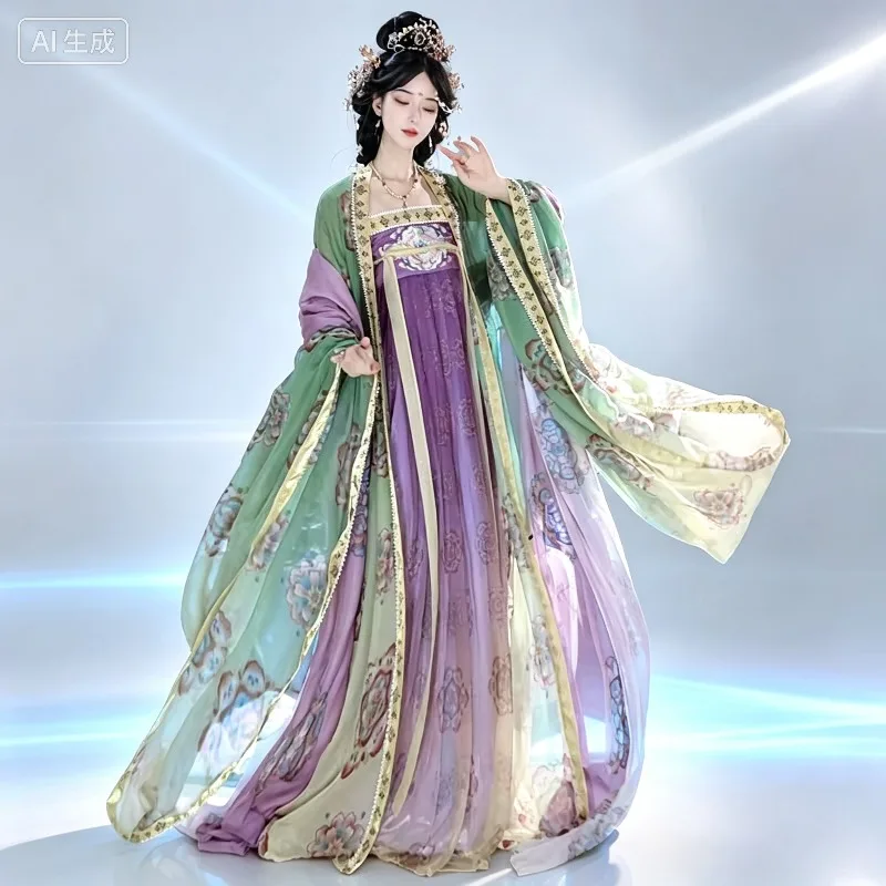 Red Green Purple Printed Embroidered Tang Hanfu Set For Women Chinese Ancient Party Performance Costume