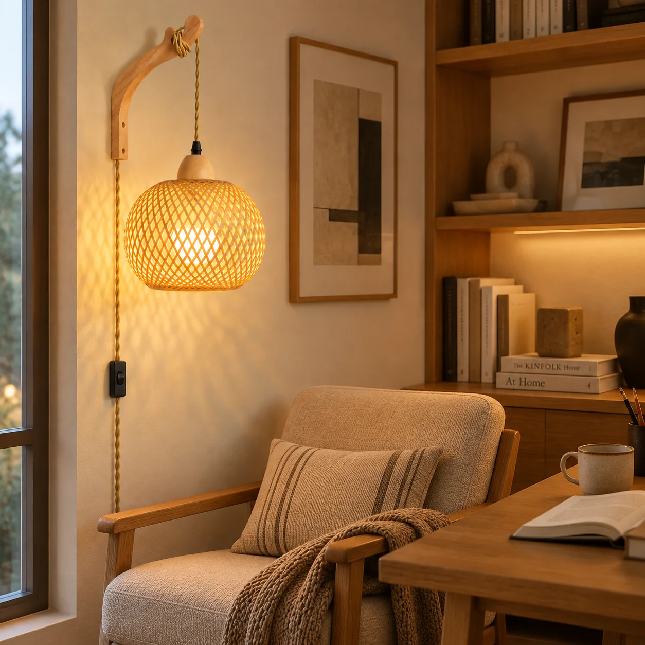 JOYINLED Bamboo Plug in Wall Lamp Woven Wall Sconce with 3M Plug in Cord for Bedroom Farmhouse Rustic Wall Lighting Fixtures