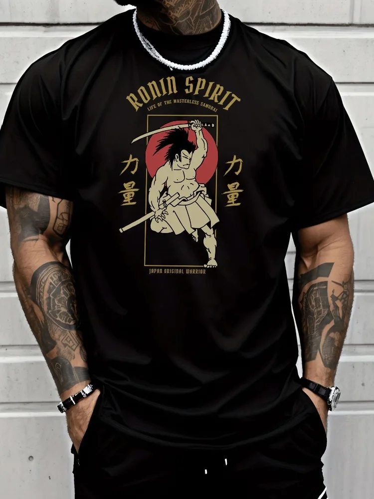 Men Summer Cotton Short Sleeve T Shirt Ronin Spirit Samurai Warrior Kanji Sun Print Crew Neck Japanese Street Casual Male Tee