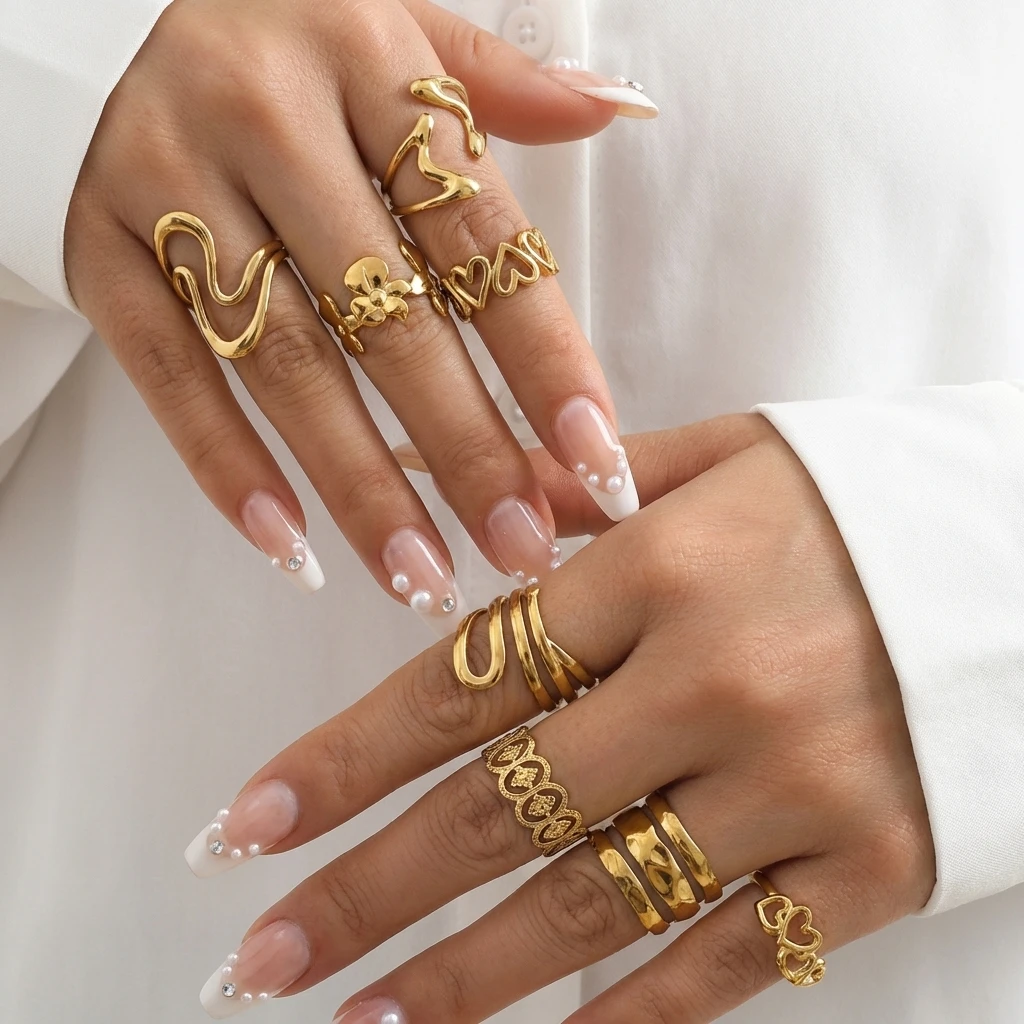 

Gmai Geometric PVD Plated Stainless Steel Open Rings Set for Women Vintage Heart Flower Irregular Cuff Rings Waterproof Jewelry