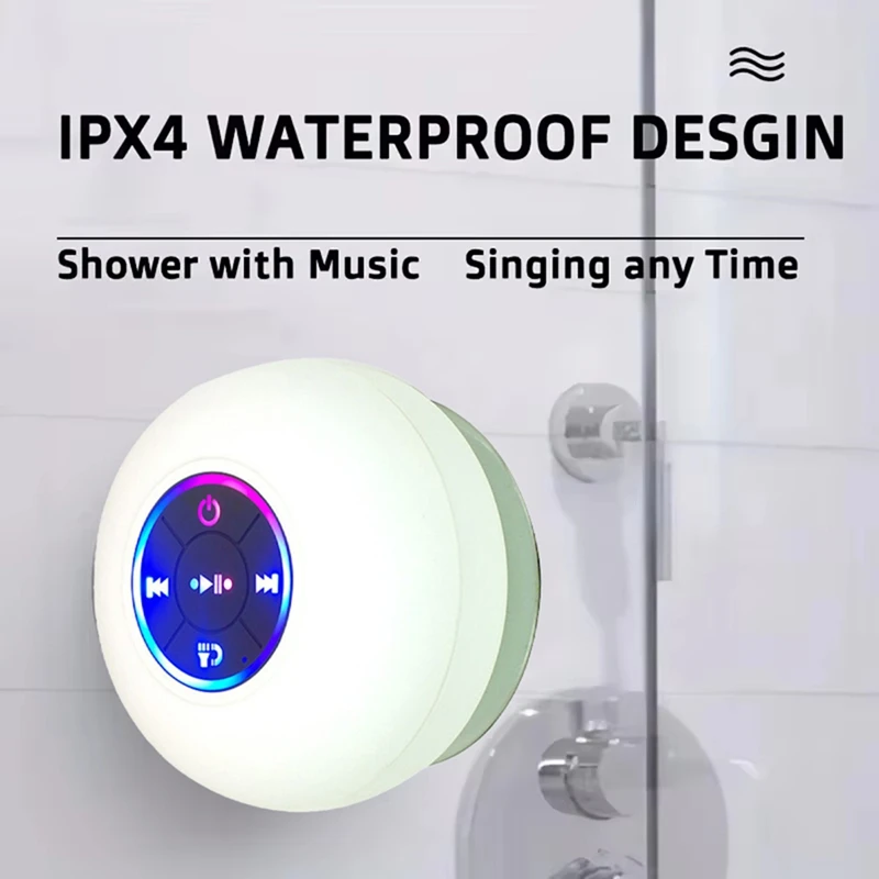 Haut-parleur de douche Bluetooth portable étanche avec ventouse et lumières LED, caisson de basses stéréo Surround 3D
