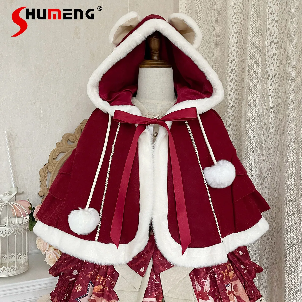 

Christmas Party Red Lolita Long Sleeve Dresses Cape Set Autumn Winter New Girl's Women Cute Bow Printed Dress Hooded Cloak