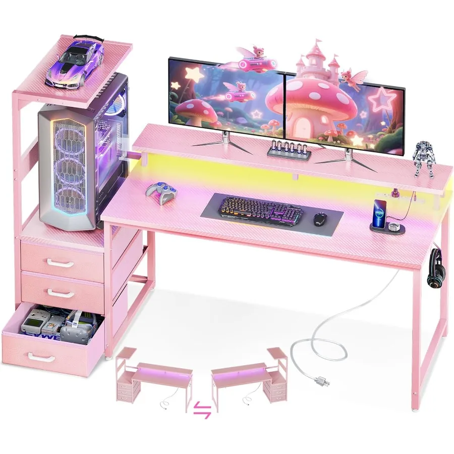 مكتب ألعاب قابل للعكس مقاس 59 بوصة مع منافذ شحن USB وإضاءة LED للمكتب المنزلي الحديث أو غرفة الترفيه تتضمن S