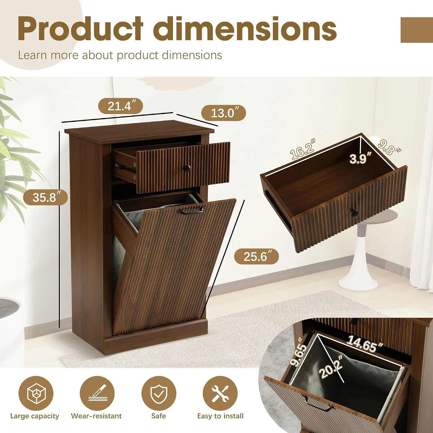 Tilt Out Fluted Laundry Hamper Cabinet, 11 Gallon Hidden Laundry Hamper, Wooden Trash Can Cabinets with Drawer,Customized