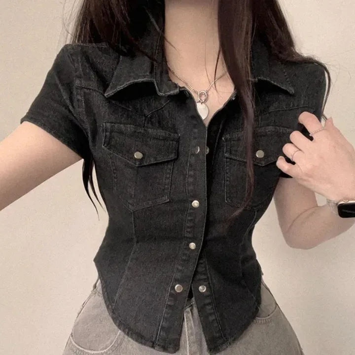 Slim Fit Short Sleeve Denim Shirt Women's Spring 2025 New Style Versatile High Waist Belted Korean Version Fashionable Casual...