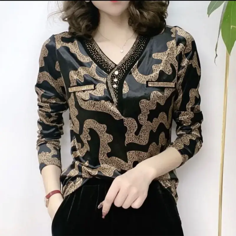 Elegant Vintage V-Neck Women\'s Printed Slim T-shirt 2023 Autumn Fashionable Long Sleeve Diamonds Spliced Tops Female Clothing