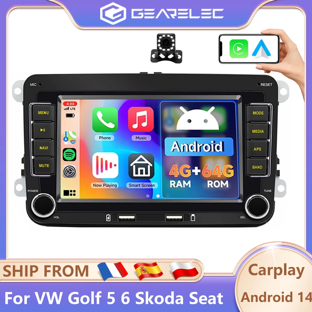 Android 14 Autoradio 2 Din für VW Volkswagen Skoda Octavia Golf 5 6 Touran Passat B6 Polo Auto-Multimedia-Player FM GPS WiFi Carplay