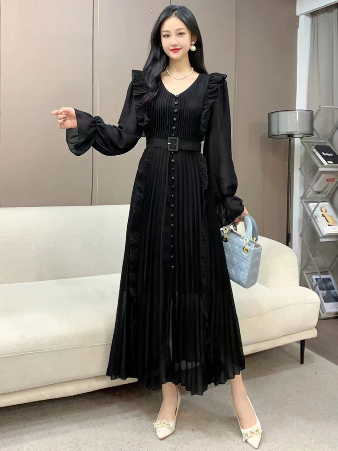 2024 New Spring Autumn Women V-Neck Long Sleeve Belt Slim Long Dress High Quality Sweet Ruffles Patchwork Pleated Chiffon Dress