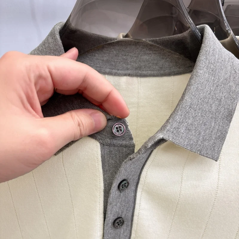 Hochwertiges Stricken Kurzarm POLO Shirt Herren neue Mode Luxus Marke Streifen Design weich komfortabel koreanischer Stil Freizeit Sommer atmungsaktives T-Shirt – Detail 18