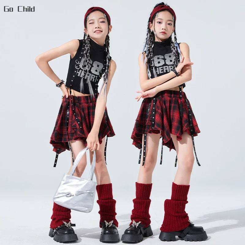 Hip Hop Girls Crop Top Plaid Street Dance Skirt Kids Ribbon Pleated Skirts Teens Jazz Cool Costumes Child Streetwear Clothes Set