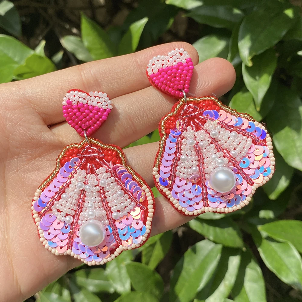 AENSOA Handmade Beaded Shell Shaped Drop Earrings for Women Rose Red White Bead Sequin Ocean Animal Earrings Bohemian Jewelry