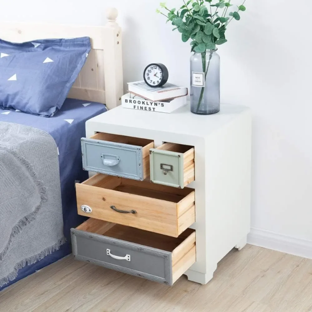 Wooden Bedside Table, Worn-out Chic Storage Cabinet with Storage Space, 4 Drawers, and Vintage Style Cabinets Bedroom Furniture