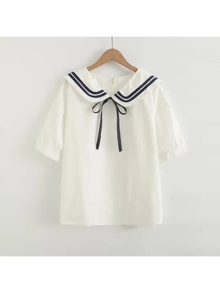 Merry Pretty Spring 100% Cotton Loose Shirt Women Naval Collar Short Sleeve Top Girl Fashion Retro OL Commute Blouses