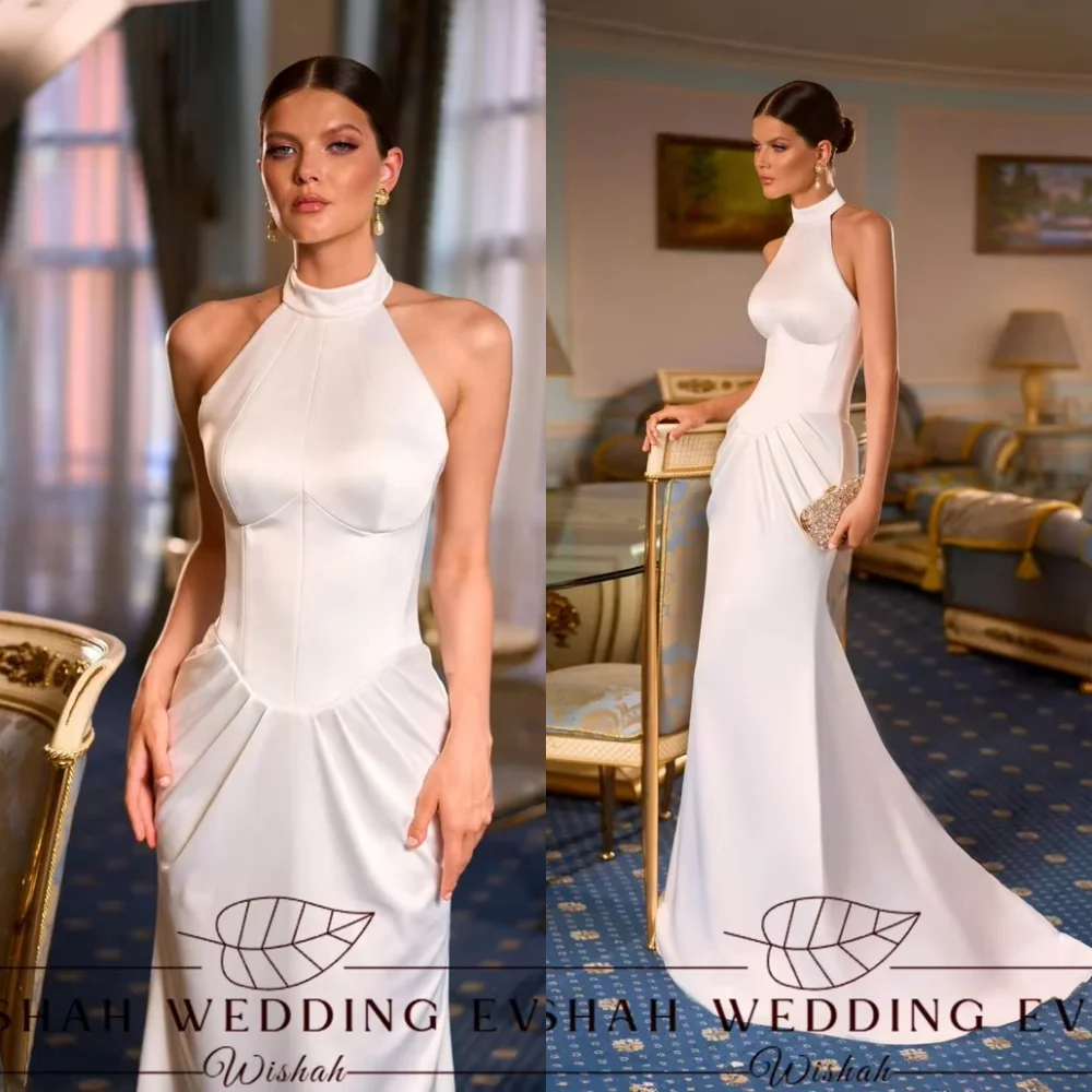 Wishah Customized Weeding Dress Elegant White Halter Sleeveless Backless Pleated Sheath Mermaid Long Vestido De Novia 2027
