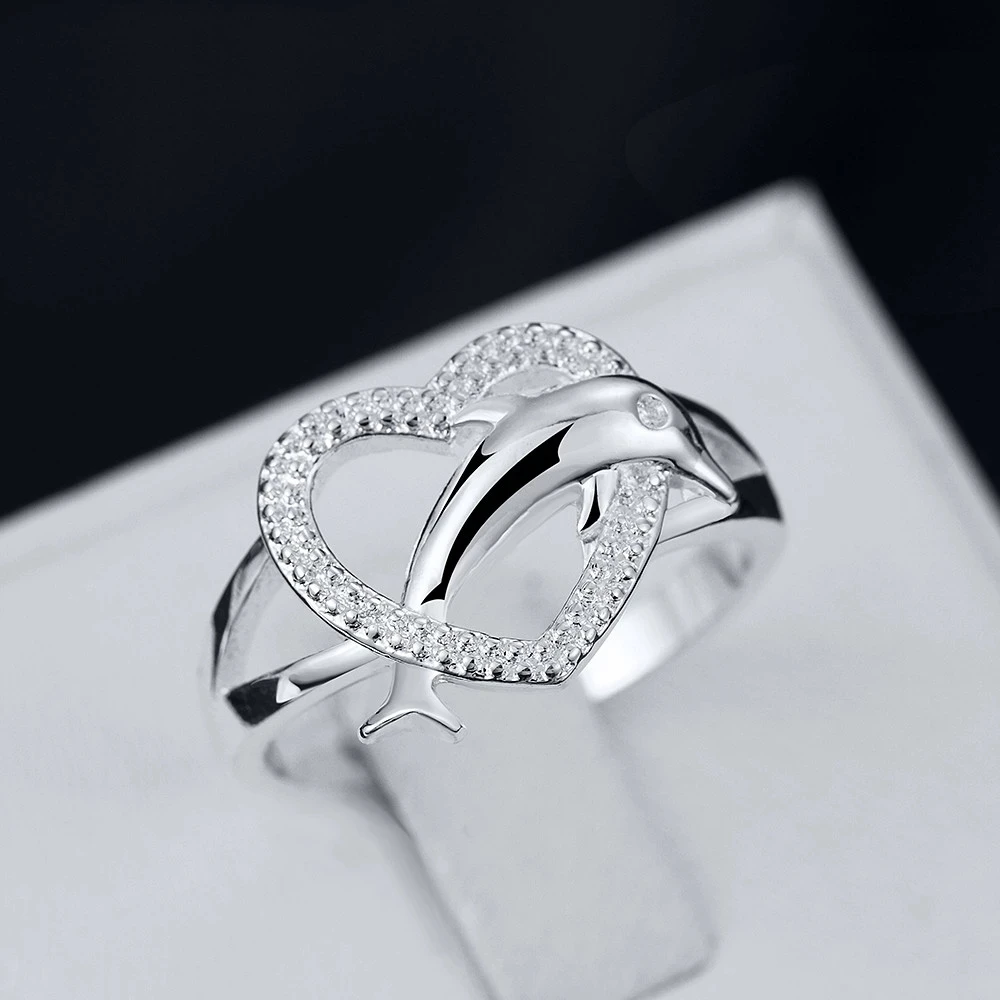 High Quality Silver Color Fine Love Dolphins Heart Rings For Women Couple Gifts Fashion Party Wedding Jewelry
