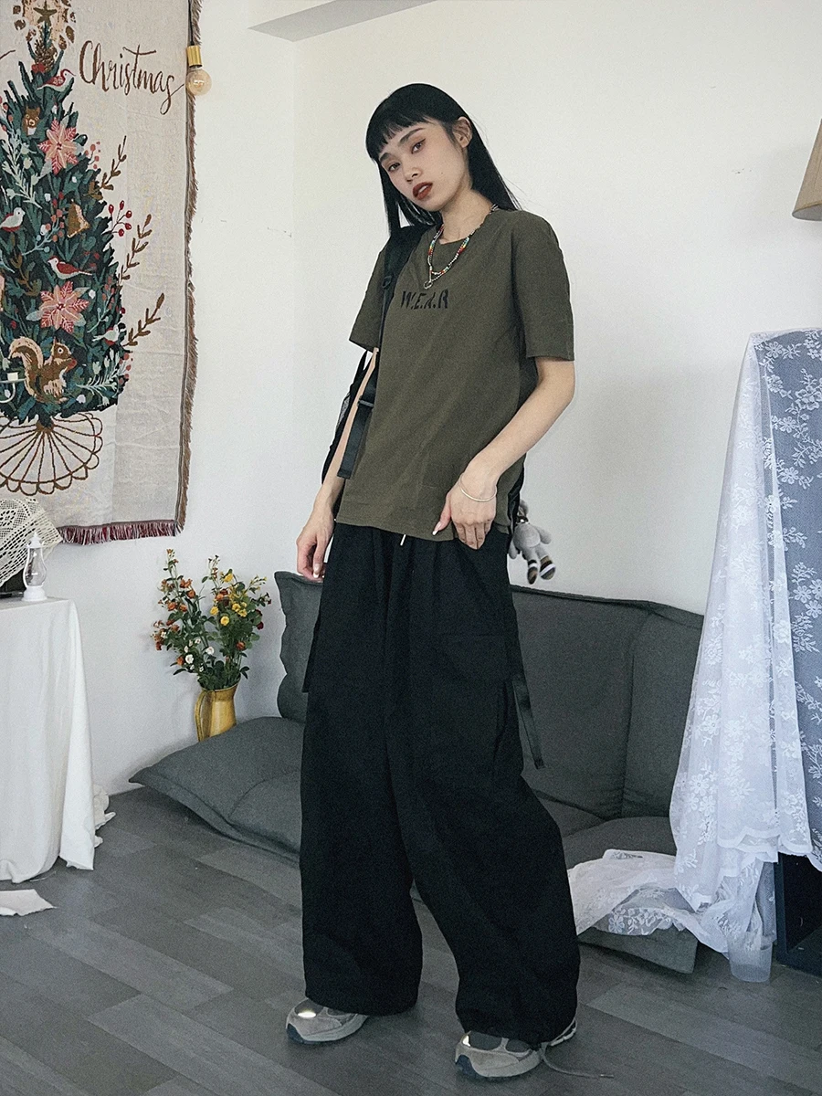 American Retro Cotton Work Trousers for Women with Multiple Pockets Loose Wide Leg Cuffed Straight Casual Pants Trendy