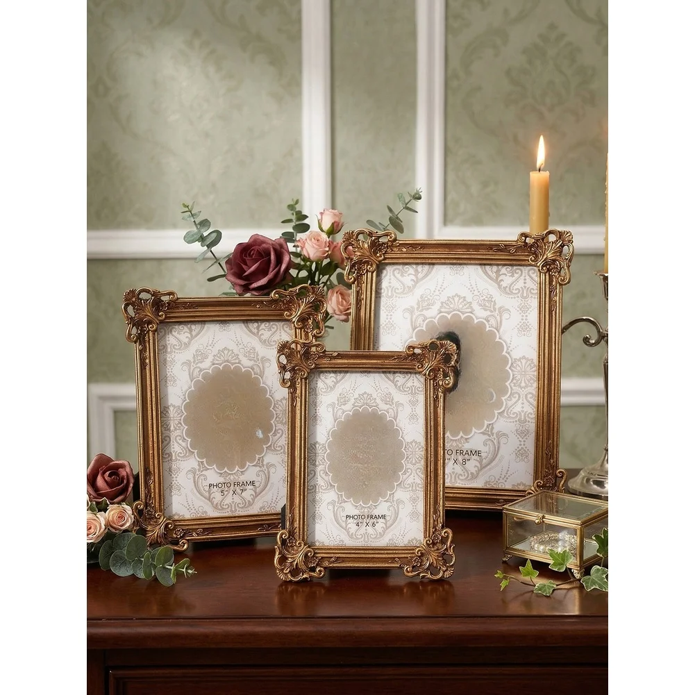 Antique Gold Resin Picture Frame with Three-Dimensional Floral Scrollwork and Bow for Living Room Bedroom Decor
