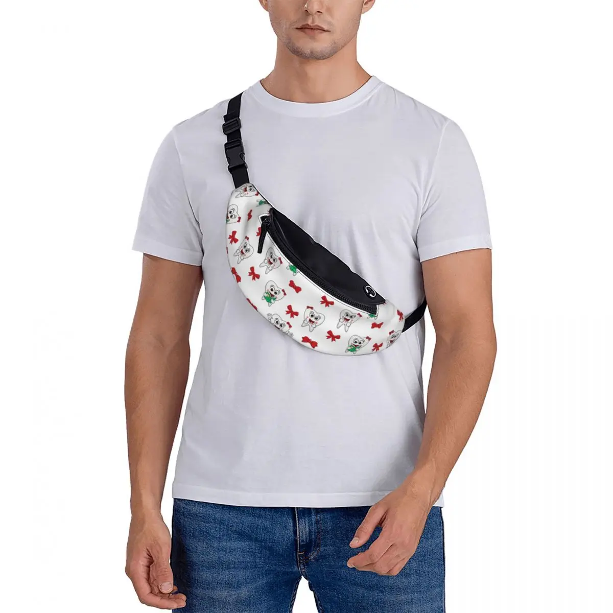 مخصص لطيف الأسنان مع القوس الأحمر الأسنان حزمة مراوح النساء الرجال أزياء طبيب الأسنان Crossbody الخصر حقيبة للمشي الهاتف المال الحقيبة