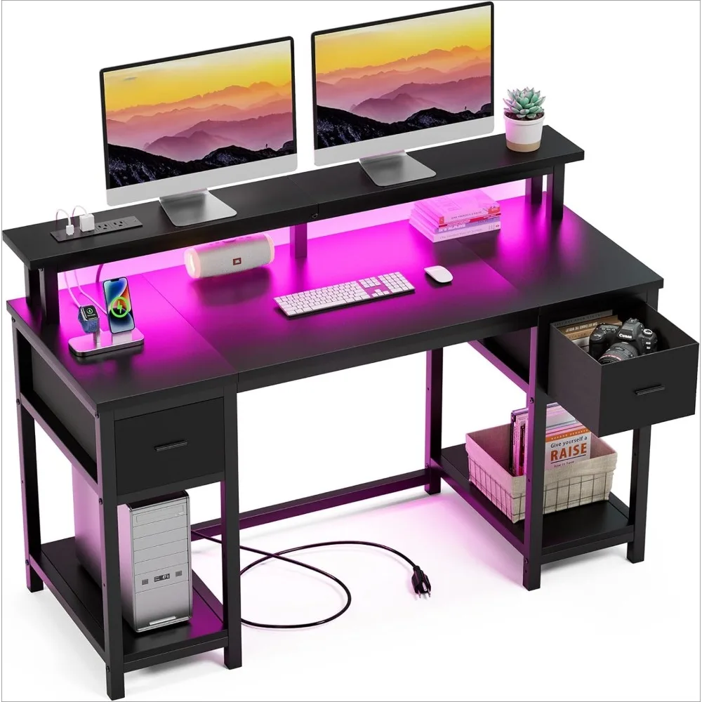 Computer Desk 50 Inch with Monitor Stand and LED Lights, Gaming Desk with 2 Fabric Drawers and Power Outlets, Office Desk