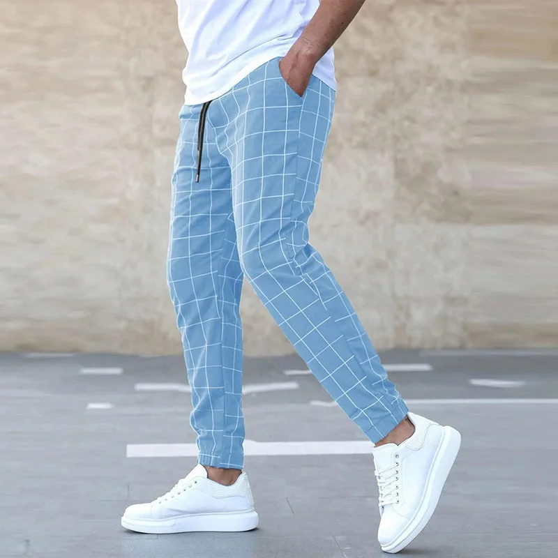 Men Pants Sheath Pencil Pants High Waist Drawstring Pockets Slim Fit Print Plaid Summer 2024 Slight Strech Streetwear