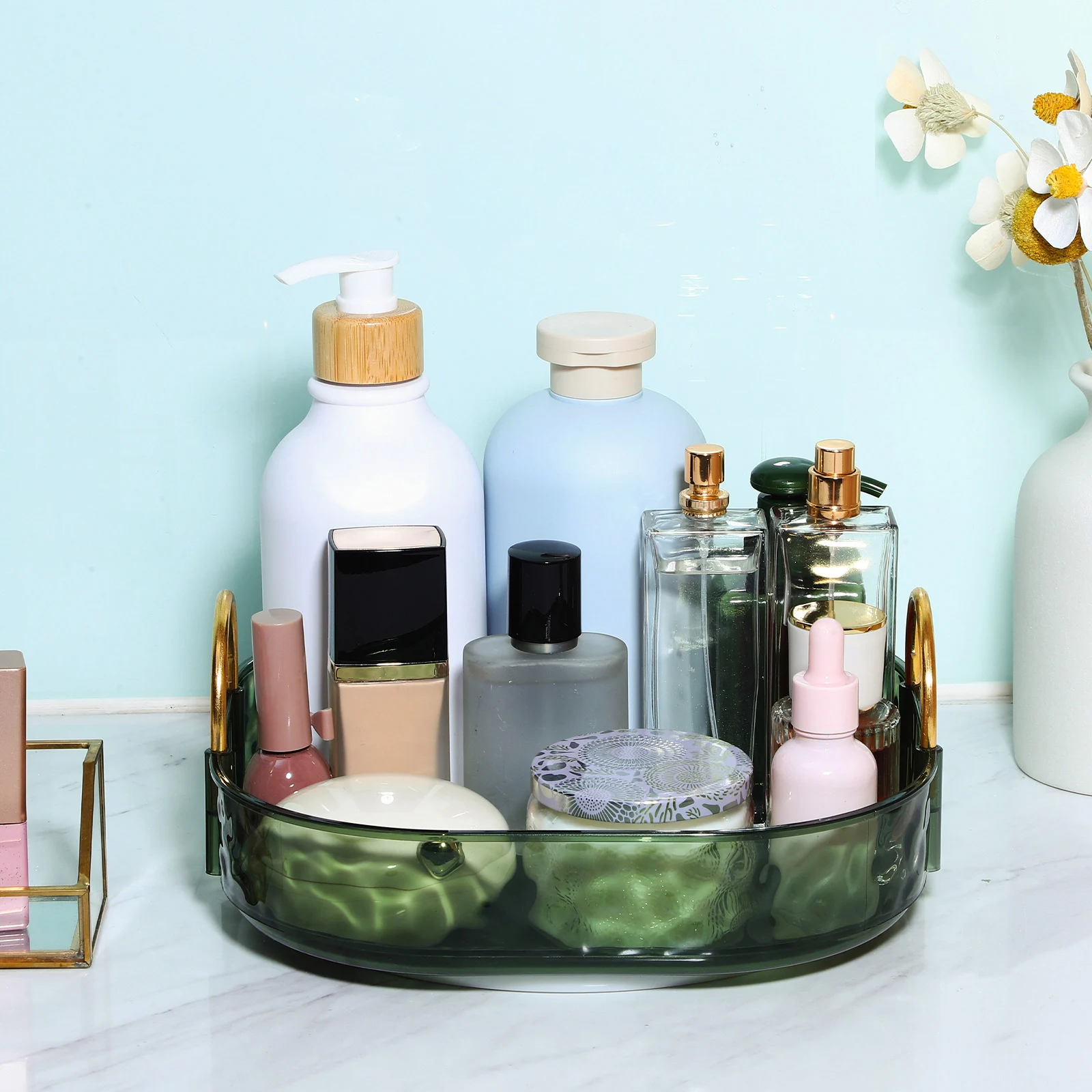 

360 Degree Rotating Makeup Tray Deep Color Acrylic Vanity Organizer Perfume Storage Makeup Organizer Perfume Stand