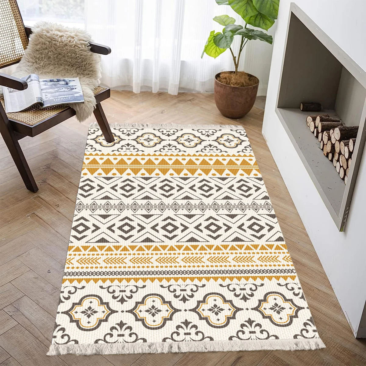 Woven carpet floor mat Polyester vintage style yellow and gray print suitable for bedroom  living room   Party to celebrate