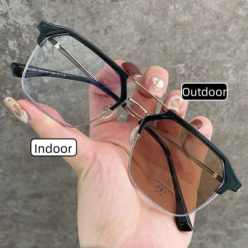 Retro Polygonal Full Frame Photochromic Near Sight Glasses Trendy Metal Double Beam Myopia Glasses  Anti Blue Light Glasses