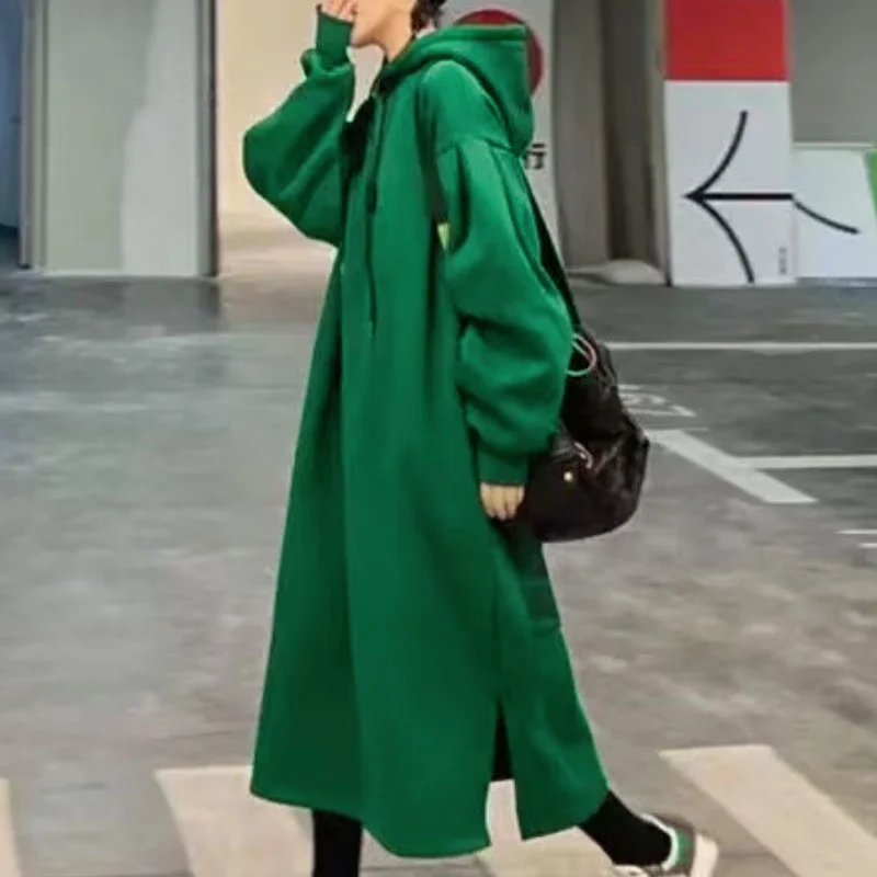 Übergroßes, dickes, mit Kapuze versehenes Midikleid, lockere Winterjacke, warme Damen-Oversize-Jacke, langer Hoodie, lässiger Fleece-Sweatshirt-Mantel, Oberbekleidung – Detail 5