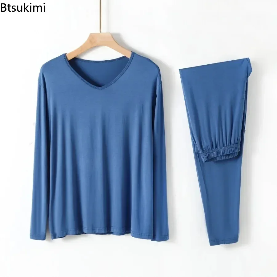 جديد 2025 ملابس منزلية مشروط للرجال بيجامات على شكل حرف v وأكمام طويلة أطقم سراويل ثنيات ناعمة مرنة مريحة ملابس نوم للرجال #5