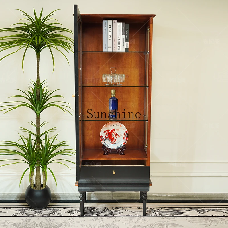 

French retro solid wood, floor-to-ceiling display with glass door, storage, TV, cabinet next to it.