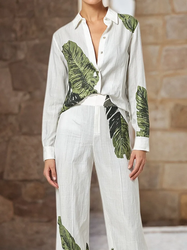 

UOOZEE Women's Spring Green Leaf Printed Imitation Linen Blouse Lightweight Breathable Casual Chic Elegant Office Shirts Tops