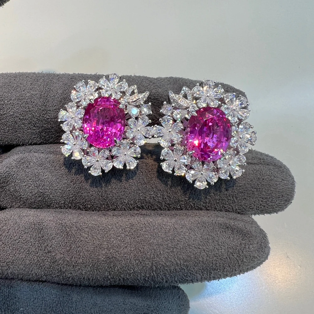 Wong Rain Luxury 925 Sterling Silver Flower Pink Sapphire High Carbon Diamond Gemstone Ear Studs Earrings Fine Jewelry Gifts