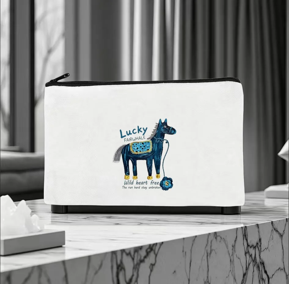 1PC Vintage Wild Heart Free Little Pony With Blue Flower Print Canvas Makeup Bag Unisex Daily Stationery Wash Organizer Pouch