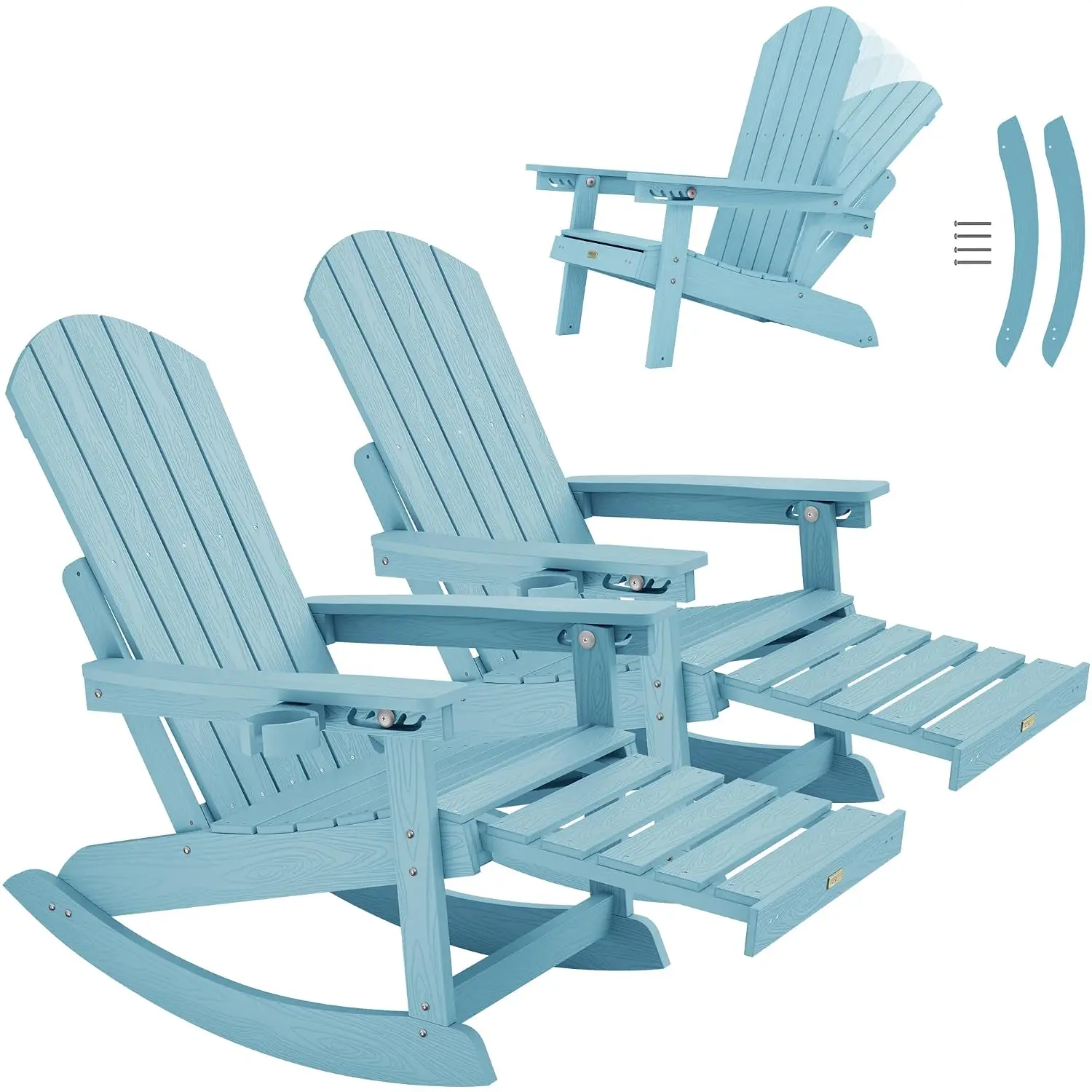 Adirondack Rocking Chair Set with Retractable Footrest, 5-Level Adjustable Backrest, Heavy Duty 400 lbs Outdoor, Customized