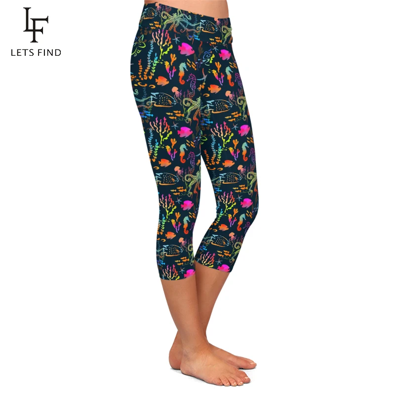 LETSFIND Summer High Waist Women Fitness Elastic Capri Legging 3D Marine Animals Print Girls Sexy Stretch Mid-Calf 3/4 Pants