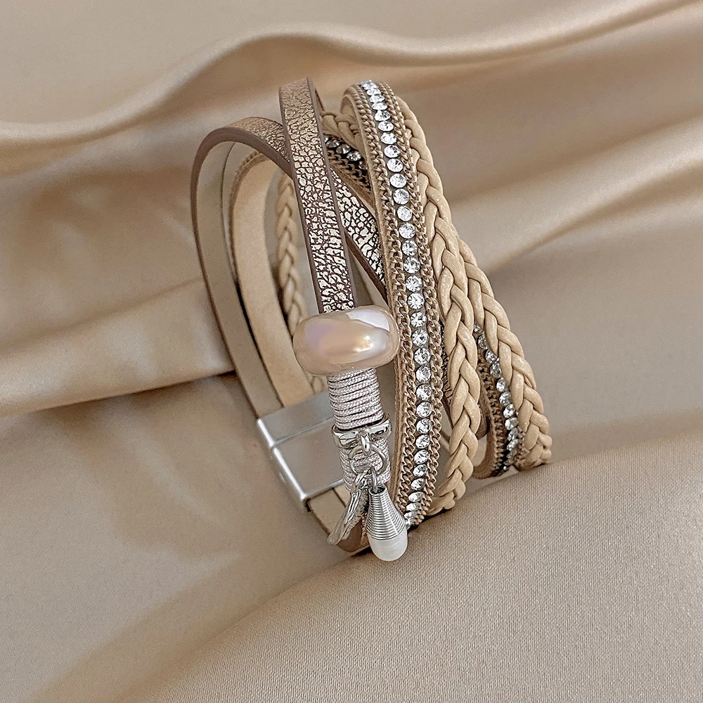 Amorcome Vintage Multilayer Hand-woven Leather Bracelet For Women Men Bohemia Rhinestone Wrap Wide Bracelet Party Jewelry Gifts