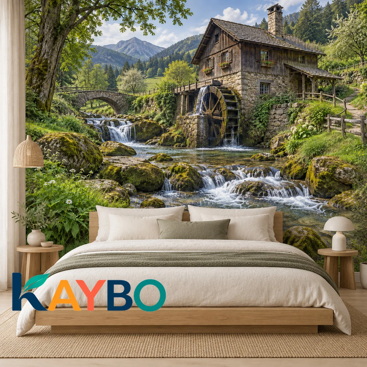 Watermill Landscape Wall Mural Rustic Cottage Waterfall Forest Wallpaper Mountain Stream Decor Non Self Adhesive Living Room Art