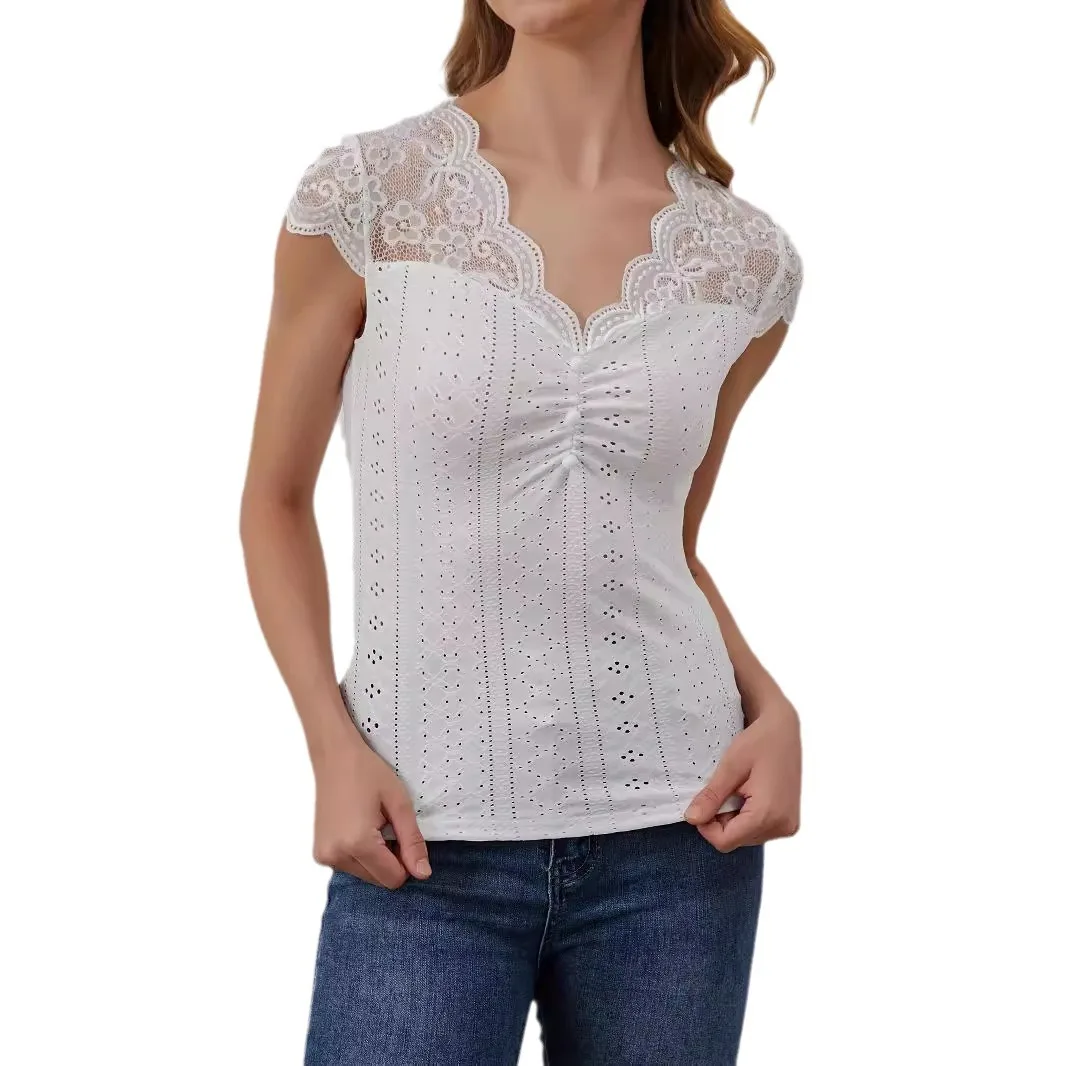 2025 Fan-shaped V-neck Front Chest Button Lace Stitching Slim-fitting T-shirt Short-sleeved Top Women's Clothing Cw08821