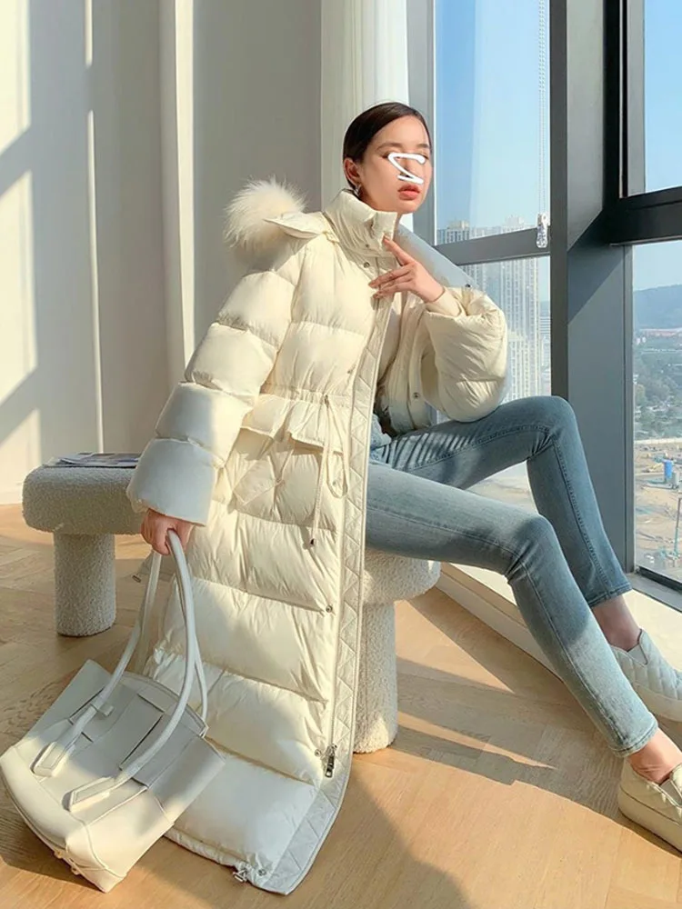 2023 Long Real Fur Coat Winter Jacket Women Natural Raccoon Fur Collar Thick Warm White Goose Down Coat Outerwear Snowwear