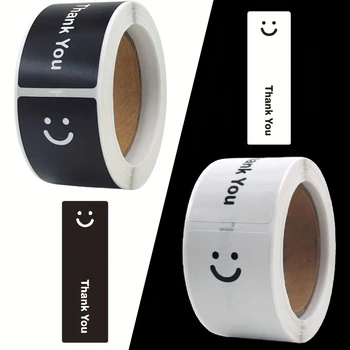 간단한 스마일 페이스 땡큐 스티커, 테이크아웃 PC 패드, 냉장고 선물 씰링, DIY 장식, 블랙, 화이트, 타원형, 1.0x3.0 인치, 120 개/롤 