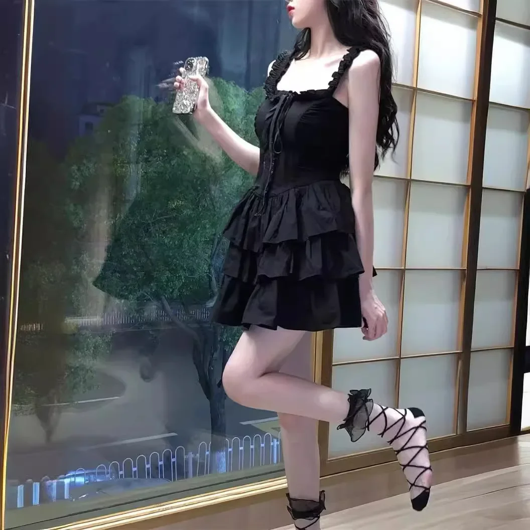 Gothic Black Sexy Slip Dress Y2K Harajuku Streetwear Mini Dress For Women Summer Korean Fashion Party Dresses Women Clothing