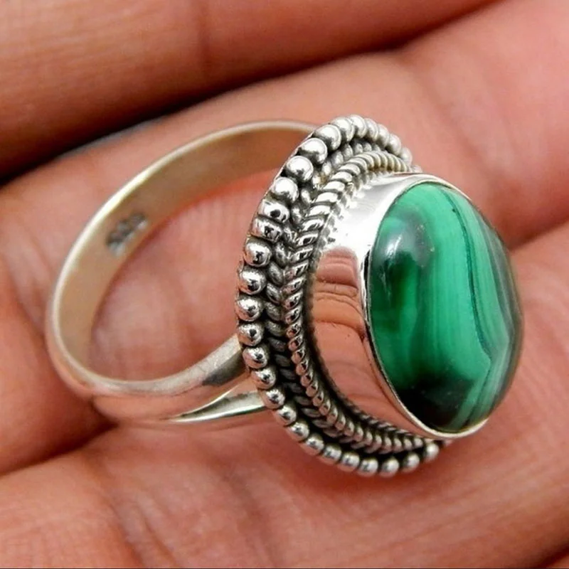 Oval Malachite Rings for Women Antique Silver Plated Rhinestone Plum Flower Vintage Fashion Jewelry