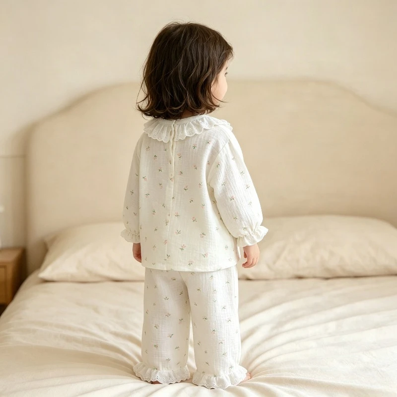 Kinder Mädchen Hauskleidung Sets Lose Dünne Kinder-Pyjamas Spitze Blumenmuster Prinzessin Langarm-Oberteil+Hose 2-teiliges Set Mädchenbekleidung – Detail 9