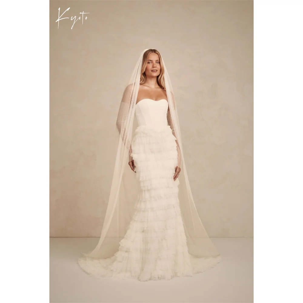 

Kyoto Customized Ivory Simple Tiered Mermaid Wedding Dress Long Sleeve Strapless vestidos de novia Sweep Train Evening Dresses